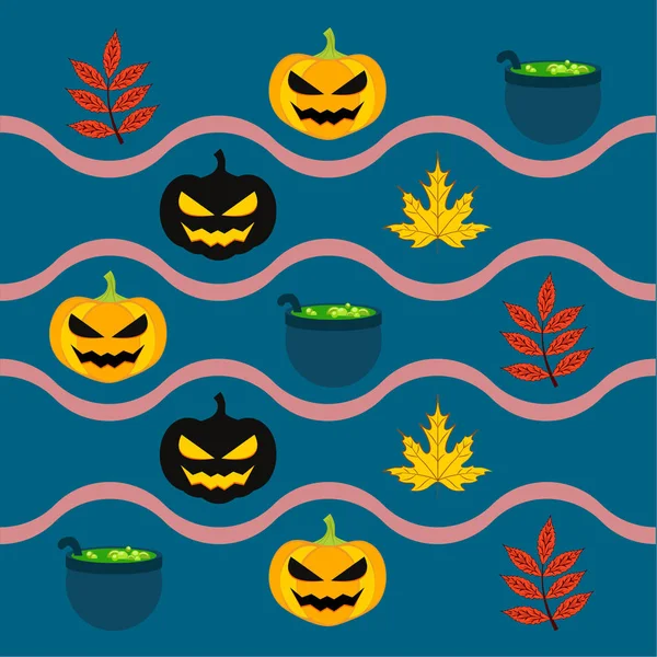 Halloween Hösten Pumpor Nedfallna Löv Häxa Grytorna Vector Bakgrund — Stock vektor