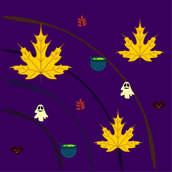 Fondo Otoño Halloween Con Hojas Caldero Murciélago Fondo Vector Fantasma — Archivo Imágenes Vectoriales