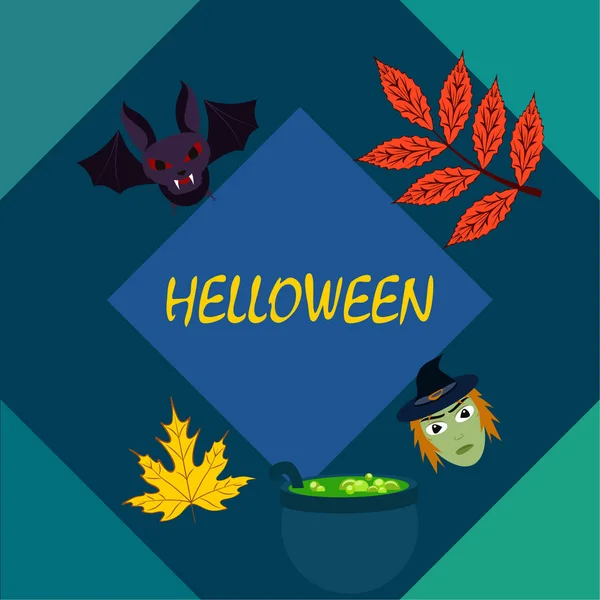 Halloween Autumn Fallen Leaves Witch Bat Pot Vector Background — Stock Vector