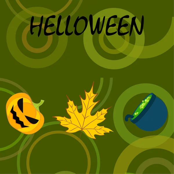 Halloween Autumn Pumpkin Fallen Leaf Witch Cauldron Vector Background — Stock Vector