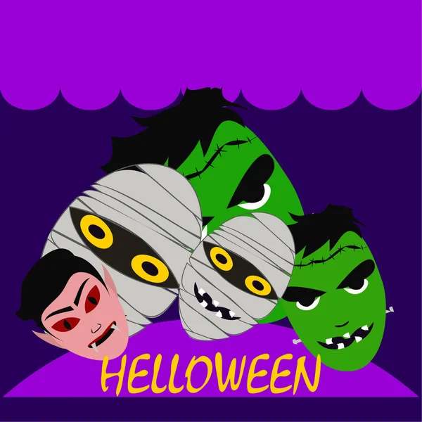 Monstruos Halloween Ilustración Vectorial Tarjeta — Vector de stock