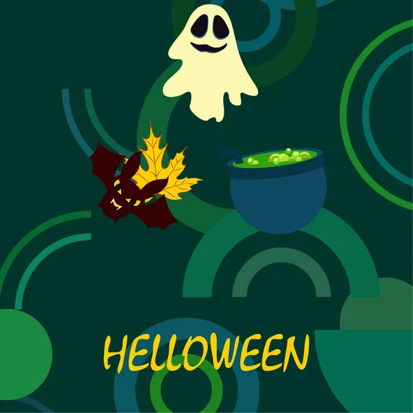 Halloween Autunno Caduto Foglia Calderone Pipistrello Sfondo Vettore Fantasma — Vettoriale Stock