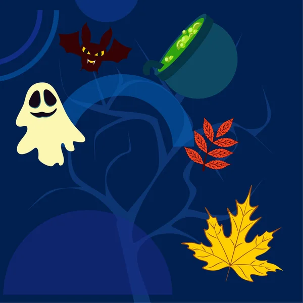 Fondo Otoño Halloween Con Hojas Caldero Murciélago Fondo Vector Fantasma — Archivo Imágenes Vectoriales