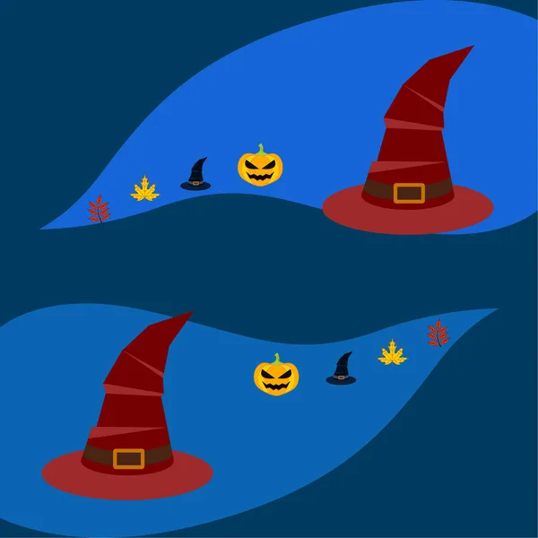 Halloween Pumpkins Düşen Yapraklar Şapka Ile Sonbahar Arka Plan — Stok Vektör