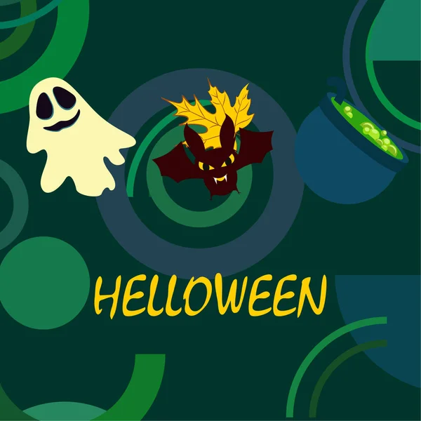 Halloween Outono Caído Folha Caldeirão Morcego Fundo Vetor Fantasma — Vetor de Stock
