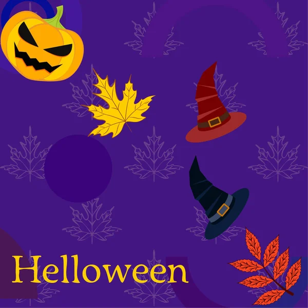 Halloween Herfst Pompoen Gevallen Bladeren Hoeden Vector Achtergrond — Stockvector