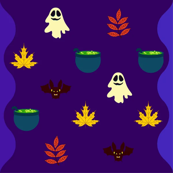 Halloween Fond Automne Avec Des Feuilles Chaudrons Chauves Souris Fantômes — Image vectorielle