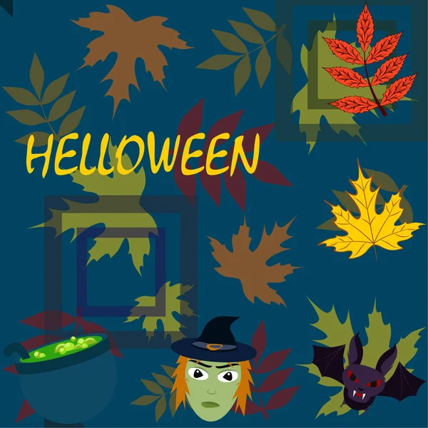 Halloween Otoño Hojas Caídas Bruja Murciélago Fondo Vector Olla — Vector de stock