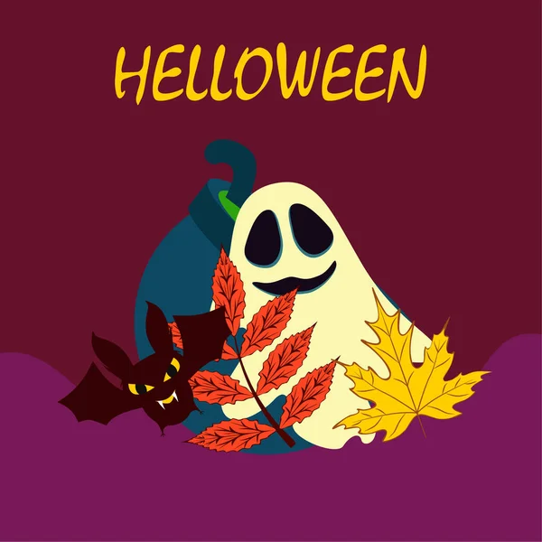 Halloween Autunno Sfondo Con Foglie Calderone Pipistrello Sfondo Vettore Fantasma — Vettoriale Stock