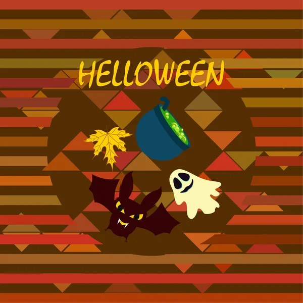 Halloween Autumn Background Leaf Cauldron Bat Ghost Vector Background — Stock Vector