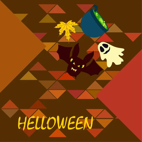 Halloween Autunno Sfondo Con Foglia Calderone Pipistrello Sfondo Vettore Fantasma — Vettoriale Stock