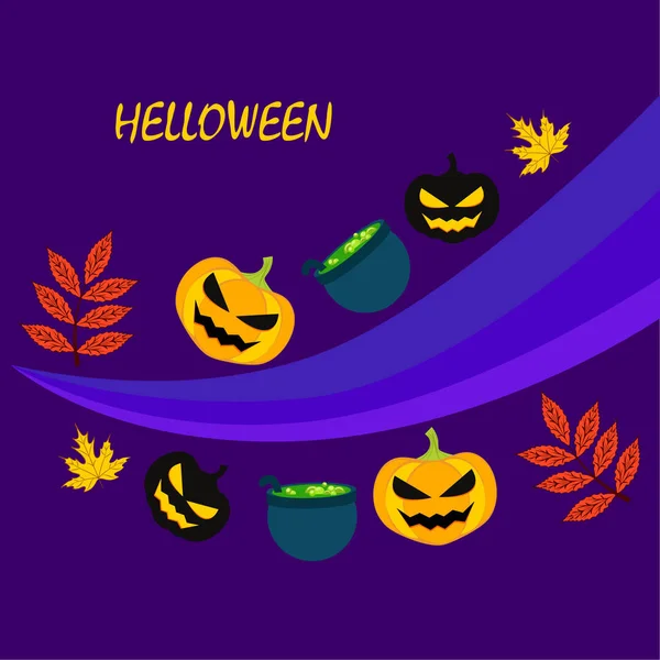 Podzimní Halloween Dýně Spadané Listí Čarodějnice Kotlíky Vektorové Pozadí — Stockový vektor