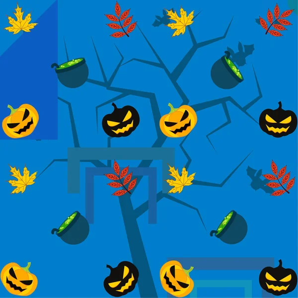 Хэллоуин Осенние Тыквы Опавшие Листья Ведьма Котлы Векторный Фон — стоковый вектор