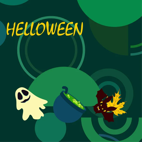 Halloween Autumn Fallen Leaf Cauldron Bat Ghost Vector Background — Stock Vector