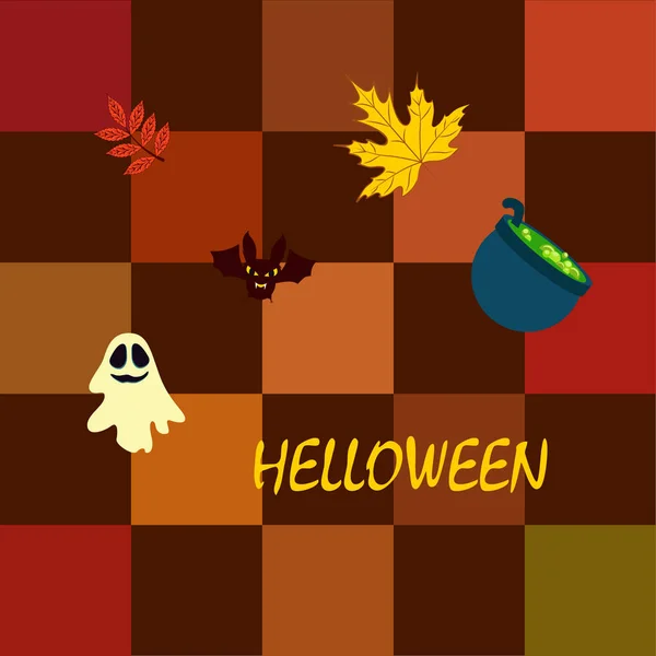 Halloween Otoño Hojas Caídas Caldero Murciélago Fondo Vector Fantasma — Archivo Imágenes Vectoriales
