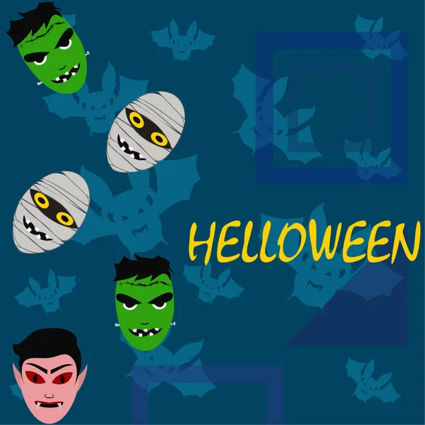 Halloween Blauer Hintergrund Mit Monstern Und Fledermäusen Vektorillustration — Stockvektor