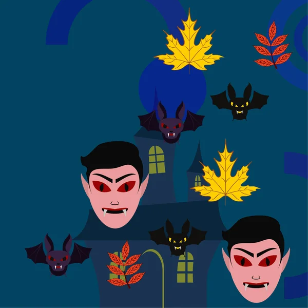 Halloween Autumn Fall Leaves Masks Dracula Bats Vector Illustration — Stock Vector