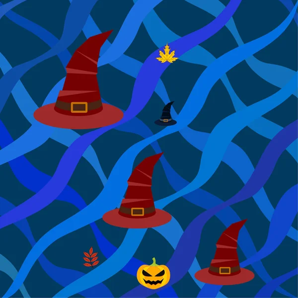 Fondo Otoño Halloween Con Calabaza Hojas Caídas Sombreros — Vector de stock