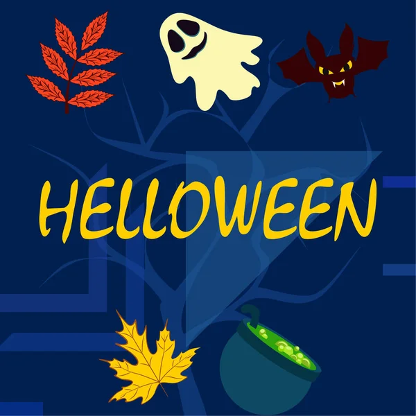 Halloween Autunno Sfondo Con Calderone Pipistrello Sfondo Vettore Fantasma — Vettoriale Stock