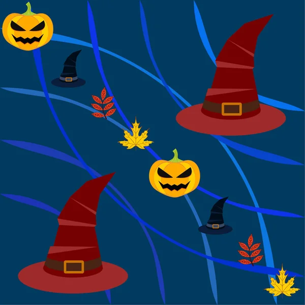 Halloween Autunno Sfondo Con Zucche Foglie Cadute Cappelli — Vettoriale Stock