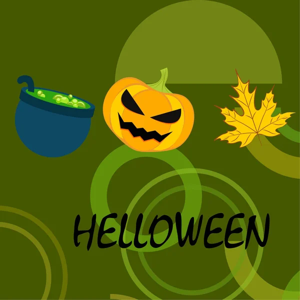 Halloween Autumn Pumpkin Fallen Leaf Witch Cauldron Vector Background — Stock Vector