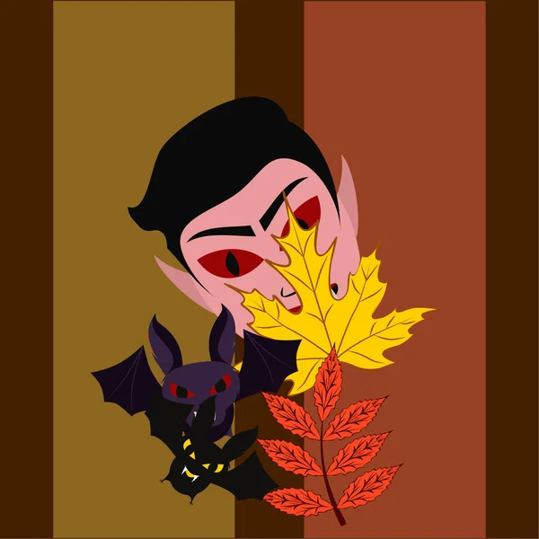 Halloween Autumn Fall Leaves Mask Dracula Bats Vector Illustration — Stock Vector