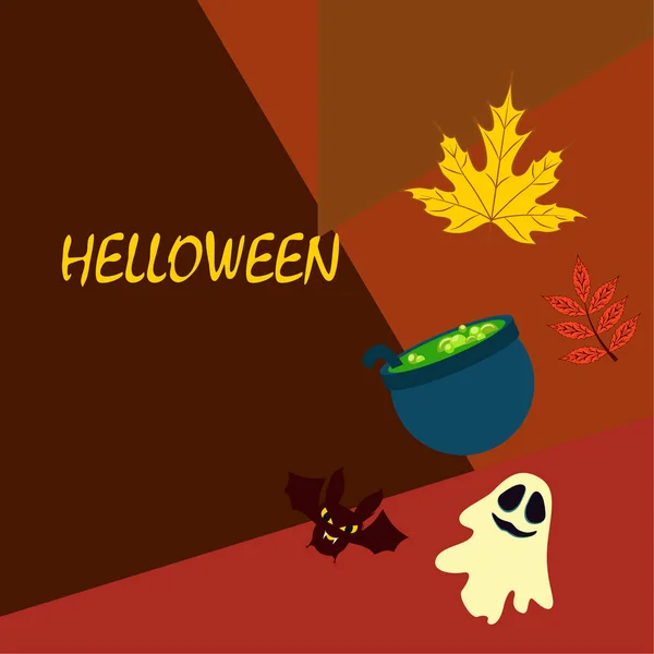 Halloween Autumn Fallen Leaves Cauldron Bat Ghost Vector Background — Stock Vector