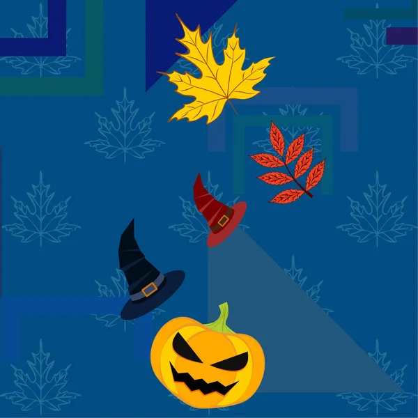 Halloween Autumn Pumpkin Fallen Leaves Hats Vector Background — Stock Vector