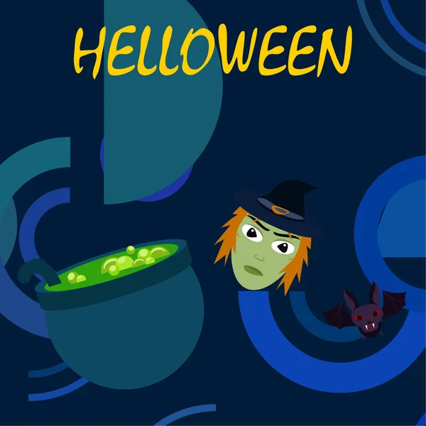 Bruja Halloween Murciélago Fondo Vector Olla — Vector de stock