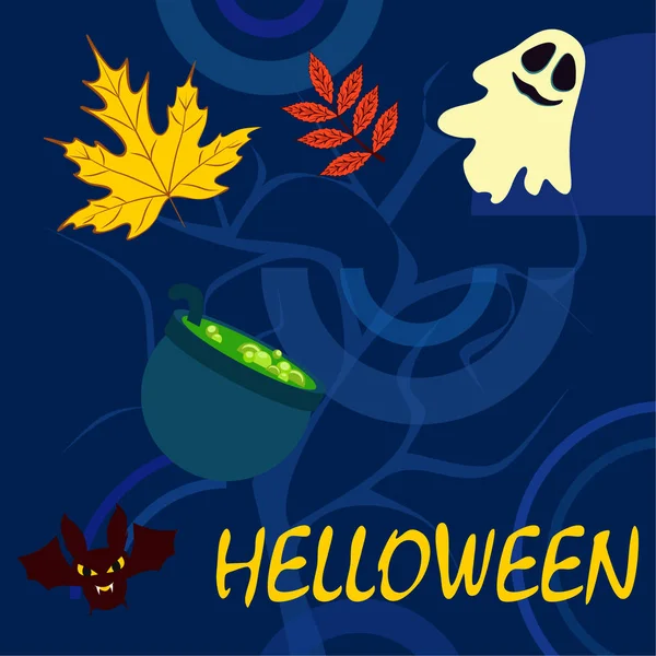 Halloween Herfst Achtergrond Met Bladeren Ketel Vleermuis Ghost Vector Achtergrond — Stockvector