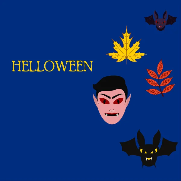Hojas Otoño Halloween Máscara Drácula Murciélagos Vector Ilustración — Vector de stock
