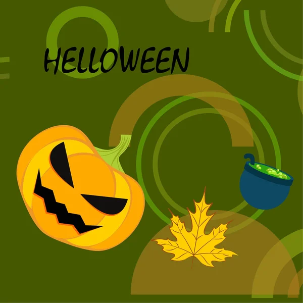 Halloween Autumn Pumpkin Fallen Leaf Witch Cauldron Vector Background — Stock Vector