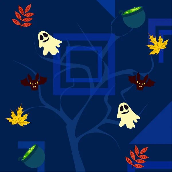 Halloween Fond Automne Avec Des Feuilles Chaudrons Chauves Souris Fantômes — Image vectorielle