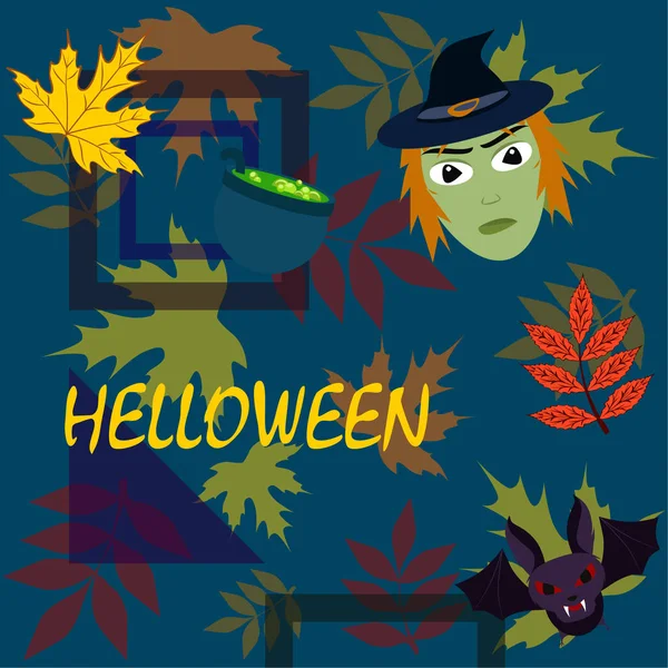 Halloween Otoño Hojas Caídas Bruja Murciélago Fondo Vector Olla — Vector de stock