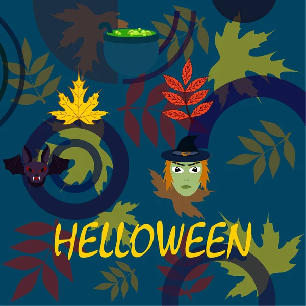 Halloween Autumn Fallen Leaves Witch Bat Pot Vector Background — Stock Vector