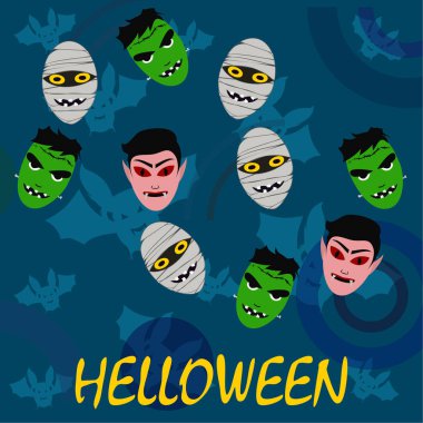 Cadılar Bayramı mavi artalanla canavarlar ve yarasalar, vektör çizim. 