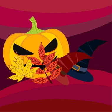 Cadılar Bayramı sonbahar kabak, düşen yapraklar, jant kapağı arka plan vektör