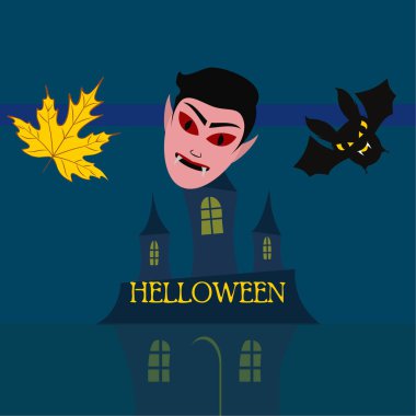 Cadılar Bayramı sonbahar sonbahar yaprak, maske Dracula, yarasa. Vektör çizim