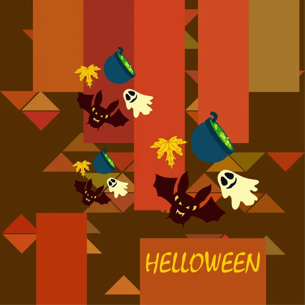 Halloween Autumn Background Leaves Cauldrons Bats Ghosts Vector Background — Stock Vector