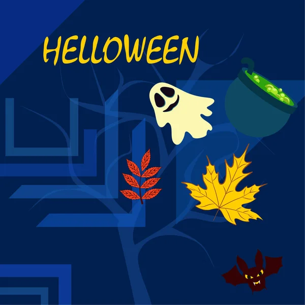 Halloween Outono Fundo Com Caldeirão Morcego Fundo Vetor Fantasma —  Vetores de Stock