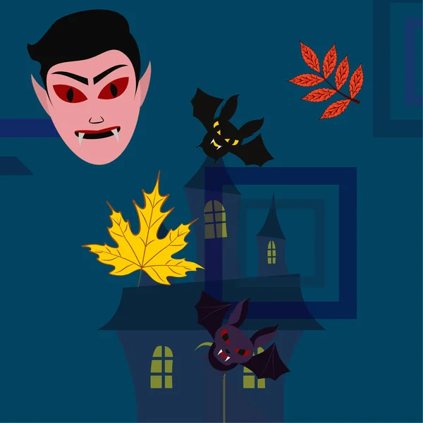 Halloween Herfst Herfstbladeren Masker Van Dracula Vleermuizen Vector Illustratie — Stockvector