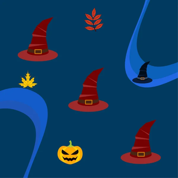 Halloween Autunno Sfondo Con Zucca Foglie Cadute Cappelli — Vettoriale Stock