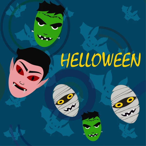 Halloween Fundo Azul Com Monstros Morcegos Vector —  Vetores de Stock