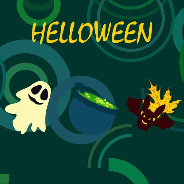 Halloween Autumn Fallen Leaf Cauldron Bat Ghost Vector Background — Stock Vector