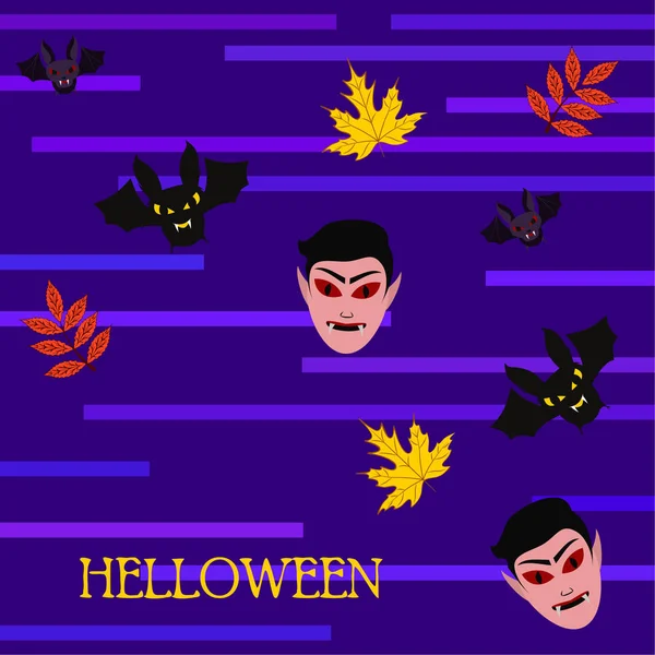 Hojas Otoño Halloween Máscaras Drácula Murciélagos Vector Ilustración — Archivo Imágenes Vectoriales