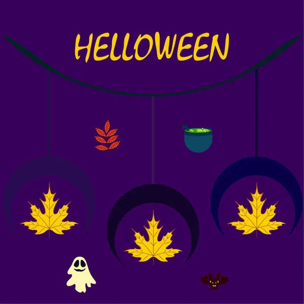 Halloween Autumn Background Leaves Cauldron Bat Ghost Vector Background — Stock Vector