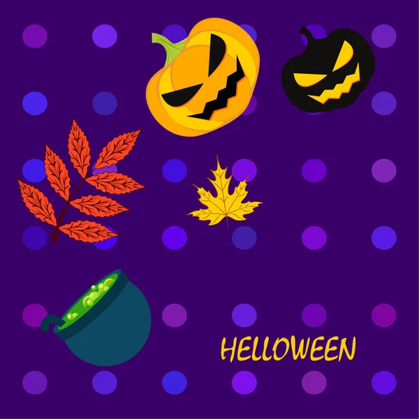 Calabazas Otoño Halloween Hojas Caídas Fondo Vector Caldero Bruja — Archivo Imágenes Vectoriales