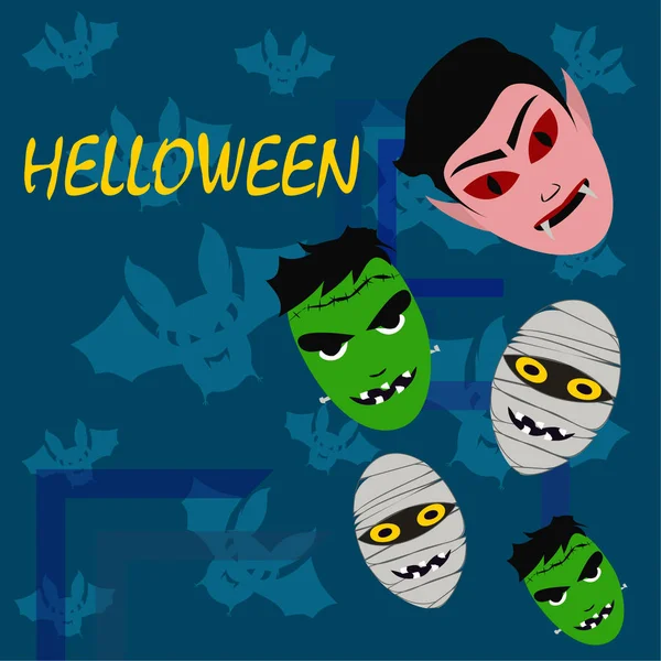 Fondo Azul Halloween Con Monstruos Murciélagos Ilustración Vectorial — Vector de stock