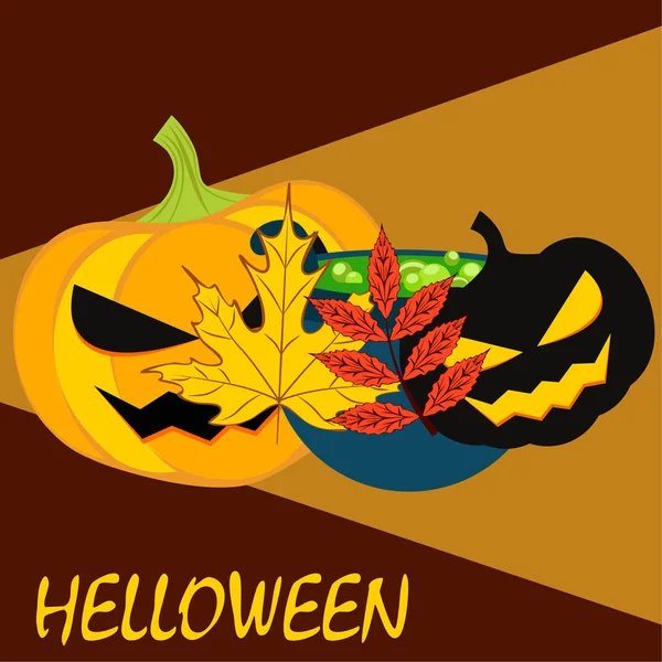 Calabazas Otoño Halloween Hojas Caídas Ilustración Vector Caldero Bruja — Vector de stock