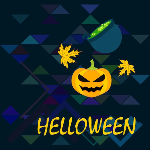 Tök Halloween Ősszel Lehullott Levelek Boszorkány Üstben Vektor Háttér — Stock Vector